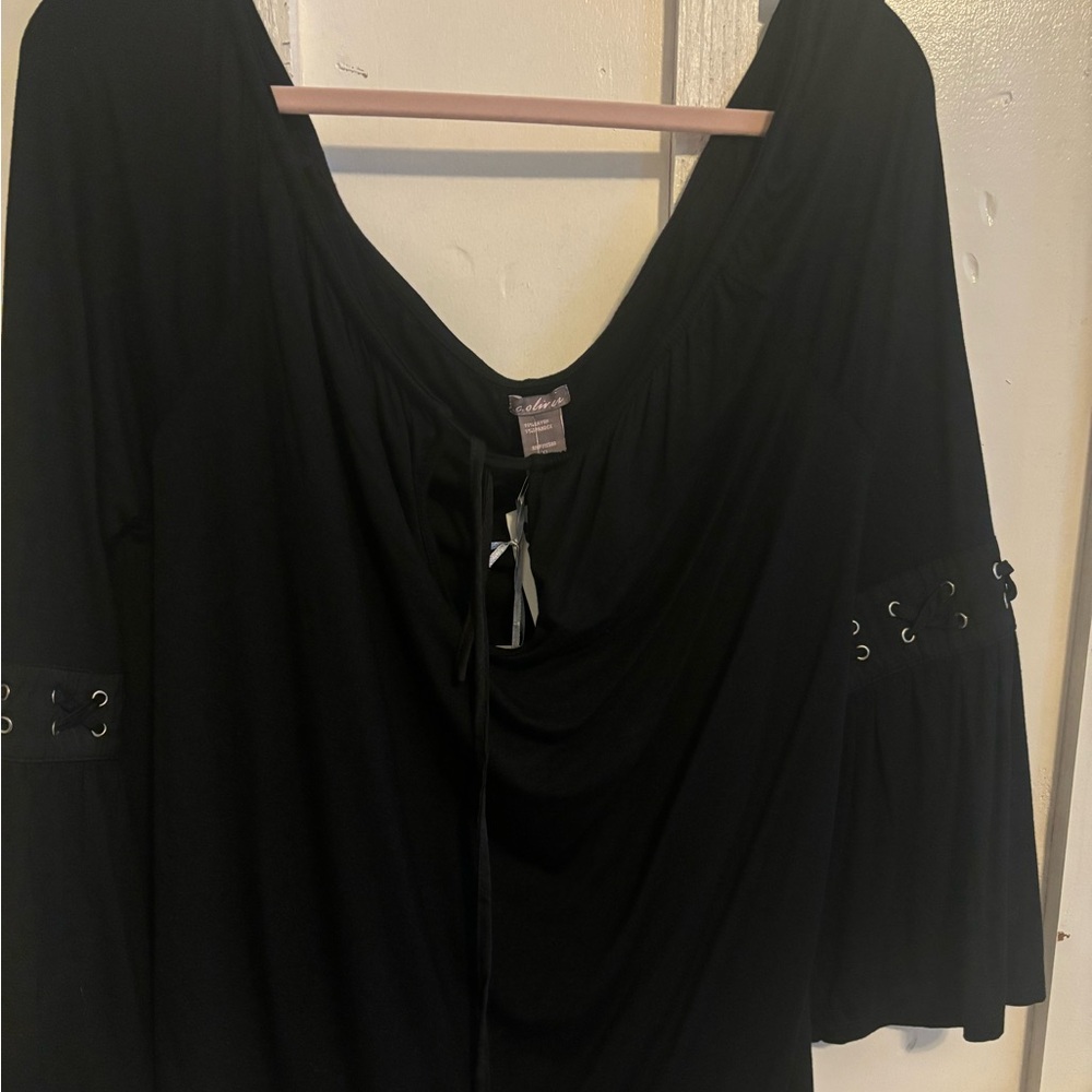 Elegant Black Blouse with Lace-Up Details